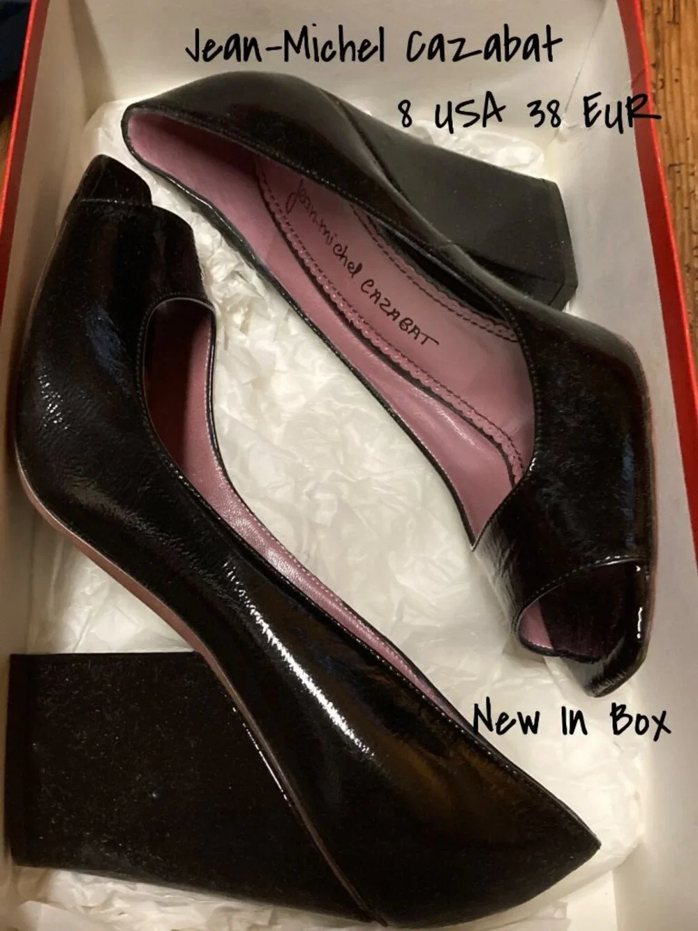Jean-Michel Cazabat Black Patent Open Toe Pumps with Block Heels, Size 8 US New
